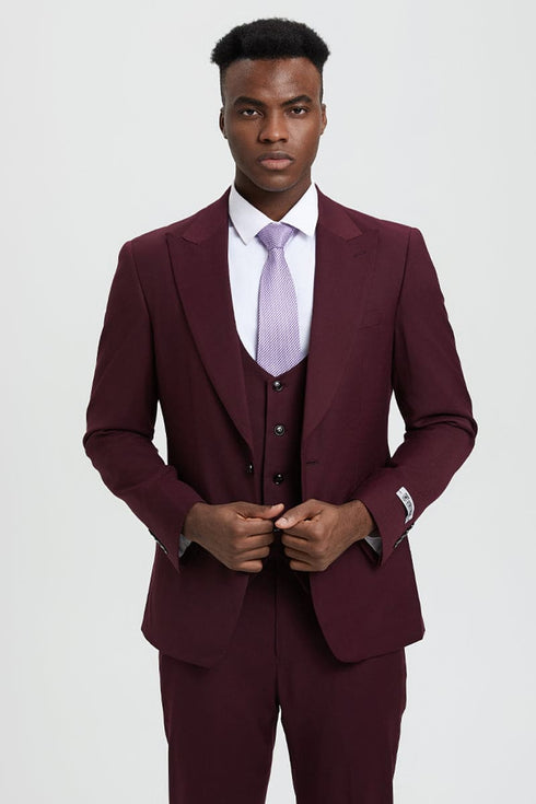 Mens Stacy Adams Suit - Stacy Adams Suit Men's Designer Suit - Burgundy, Vested One Button Peak Lapel