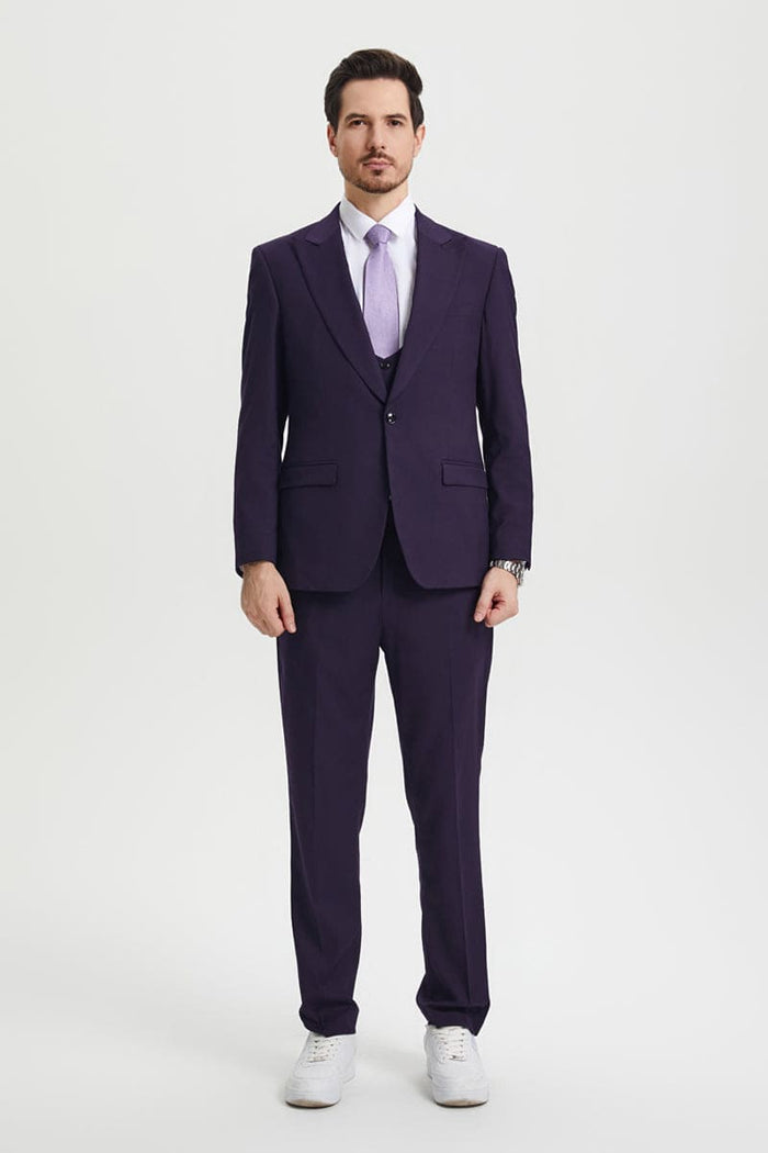 Mens Stacy Adams Suit - Stacy Adams Suit Men's Designer Suit - Vested One Button Peak Lapel in Eggplant