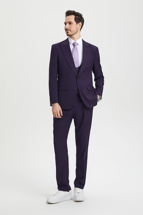 "Mens Stacy Adams Suit - Stacy Adams Suit Men's Designer Suit - Vested One Button Peak Lapel in Eggplant"
