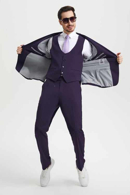 Mens Stacy Adams Suit - Stacy Adams Suit Men's Designer Suit - Vested One Button Peak Lapel in Eggplant