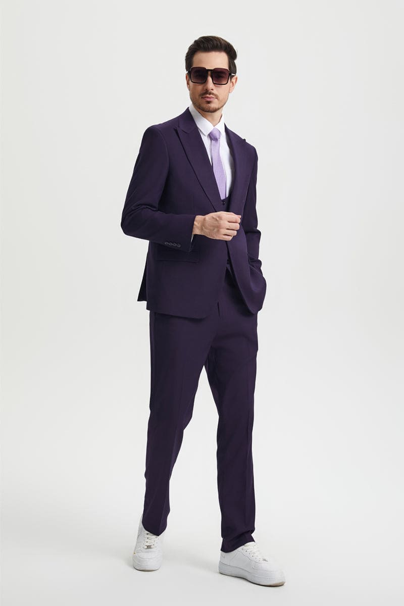 "Mens Stacy Adams Suit - Stacy Adams Suit Men's Designer Suit - Vested One Button Peak Lapel in Eggplant"