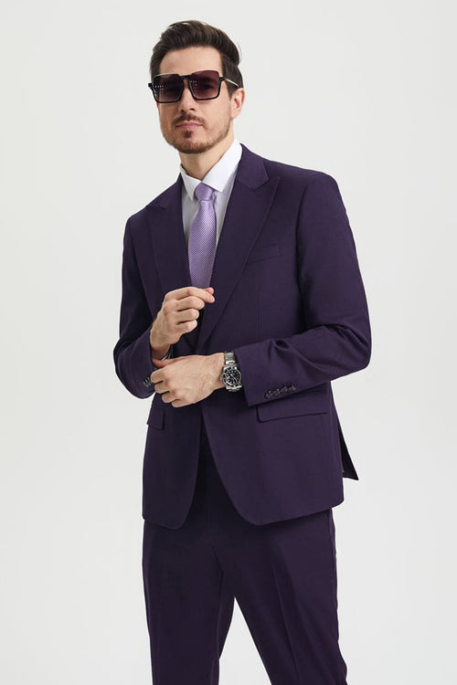 "Mens Stacy Adams Suit - Stacy Adams Suit Men's Designer Suit - Vested One Button Peak Lapel in Eggplant"