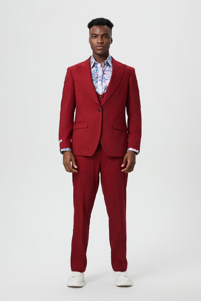 Mens Stacy Adams Suit - Stacy Adams Suit Men's Designer Suit - Cherry Red, One Button Peak Lapel with Vest