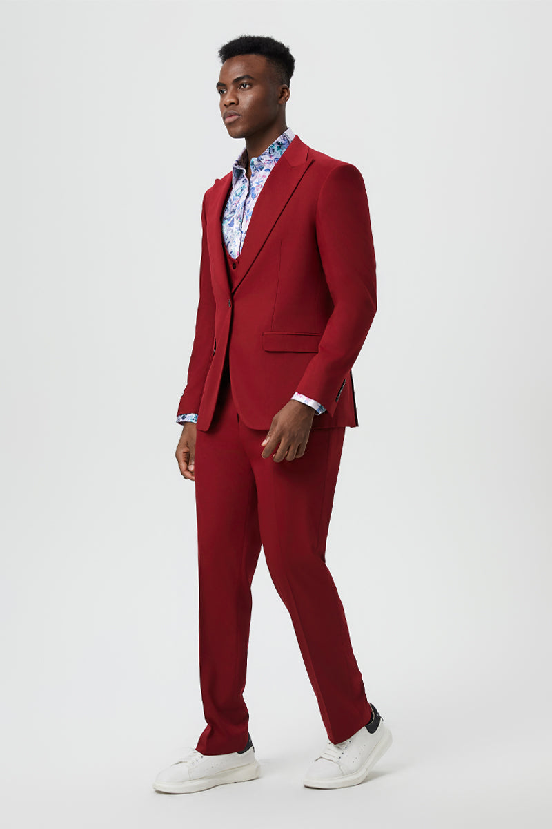Men's Vested One Button Peak Lapel Stacy Adams Designer Suit in Cherry Red
