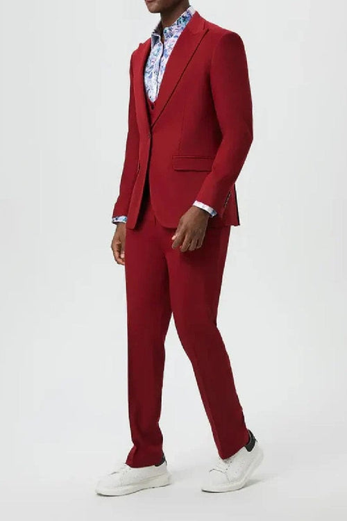 "Mens Stacy Adams Suit - Stacy Adams Suit Men's Designer Suit - Cherry Red, One Button Peak Lapel with Vest"