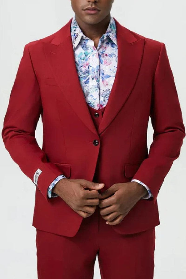 "Mens Stacy Adams Suit - Stacy Adams Suit Men's Designer Suit - Cherry Red, One Button Peak Lapel with Vest"