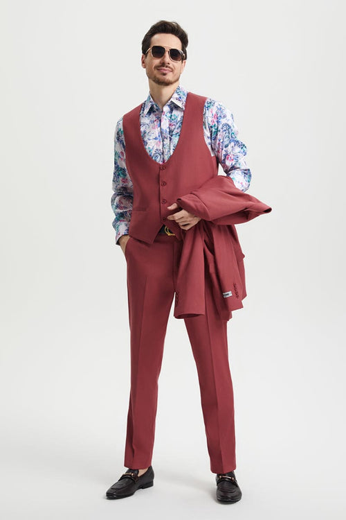 "Mens Stacy Adams Suit - Stacy Adams Suit Men's Designer Suit - Coral Blush Pink, Vested One Button Peak Lapel" Coral Prom 2025 Suits