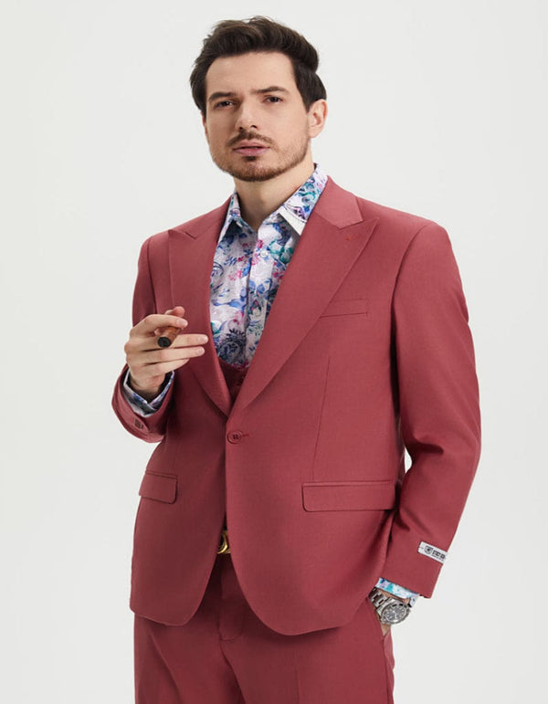 "Mens Stacy Adams Suit - Stacy Adams Suit Men's Designer Suit - Coral Blush Pink, Vested One Button Peak Lapel" Coral Prom 2025 Suits