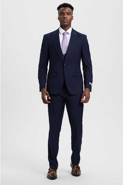 "Mens Stacy Adams Suit - Stacy Adams Suit Men's Designer Suit - Navy Blue, One Button Peak Lapel with Vest"