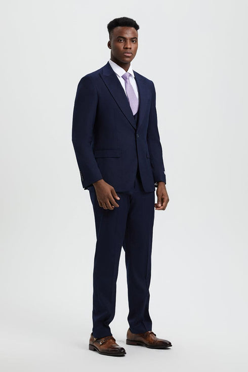 Mens Stacy Adams Suit - Stacy Adams Suit Men's Designer Suit - Navy Blue, One Button Peak Lapel with Vest