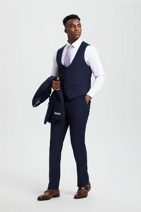 Mens Stacy Adams Suit - Stacy Adams Suit Men's Designer Suit - Navy Blue, One Button Peak Lapel with Vest