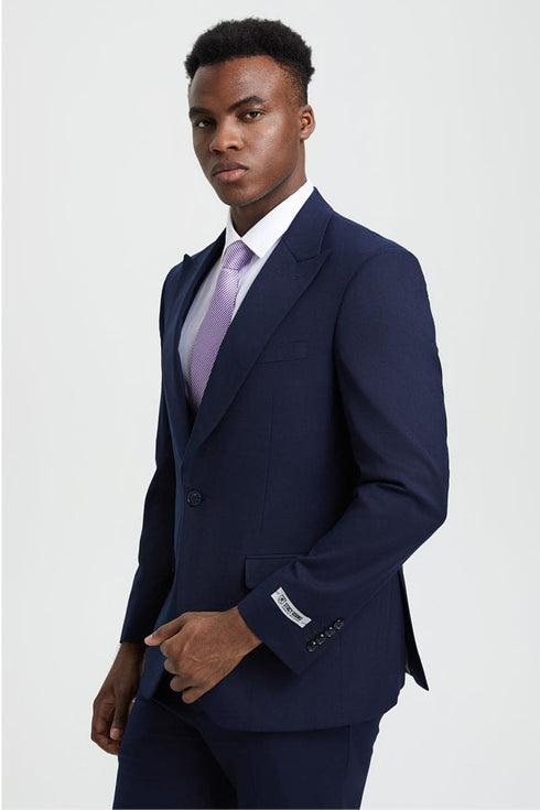 Mens Stacy Adams Suit - Stacy Adams Suit Men's Designer Suit - Navy Blue, One Button Peak Lapel with Vest