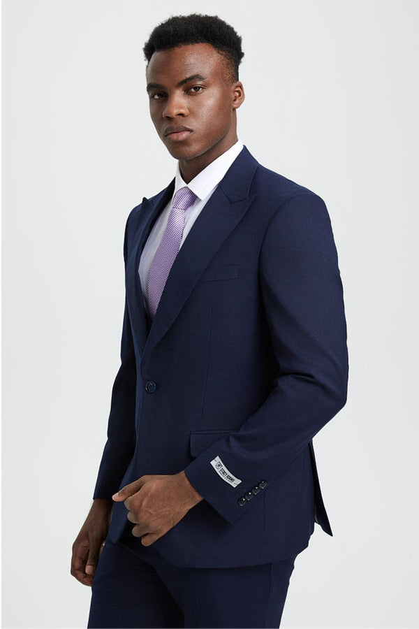 "Mens Stacy Adams Suit - Stacy Adams Suit Men's Designer Suit - Navy Blue, One Button Peak Lapel with Vest"