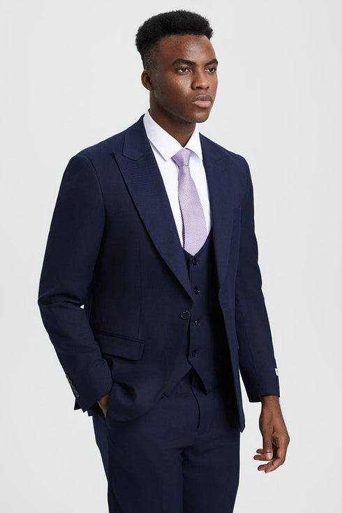 Mens Stacy Adams Suit - Stacy Adams Suit Men's Designer Suit - Navy Blue, One Button Peak Lapel with Vest