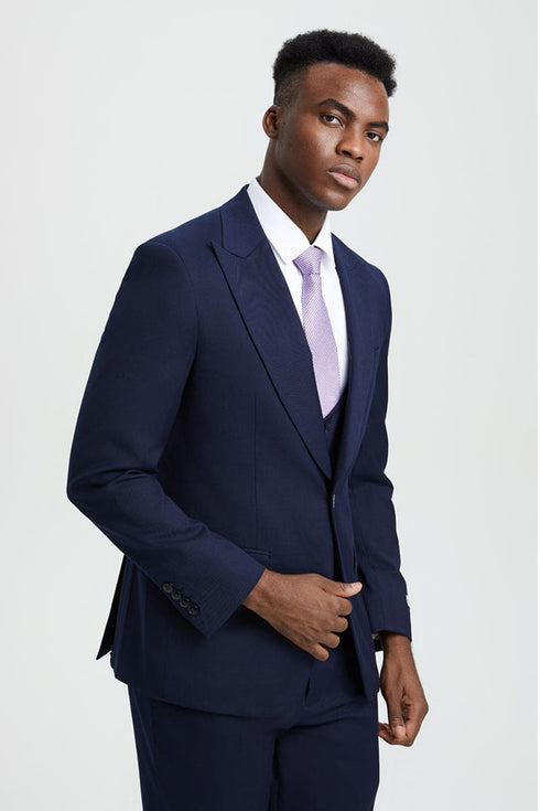 Mens Stacy Adams Suit - Stacy Adams Suit Men's Designer Suit - Navy Blue, One Button Peak Lapel with Vest