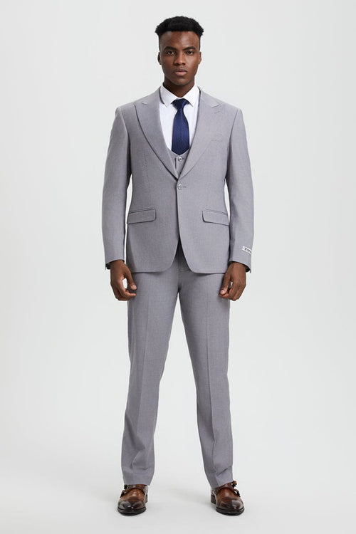 Mens Stacy Adams Suit - Stacy Adams Suit Men's Designer Suit - Light Grey, Vested One Button Peak Lapel