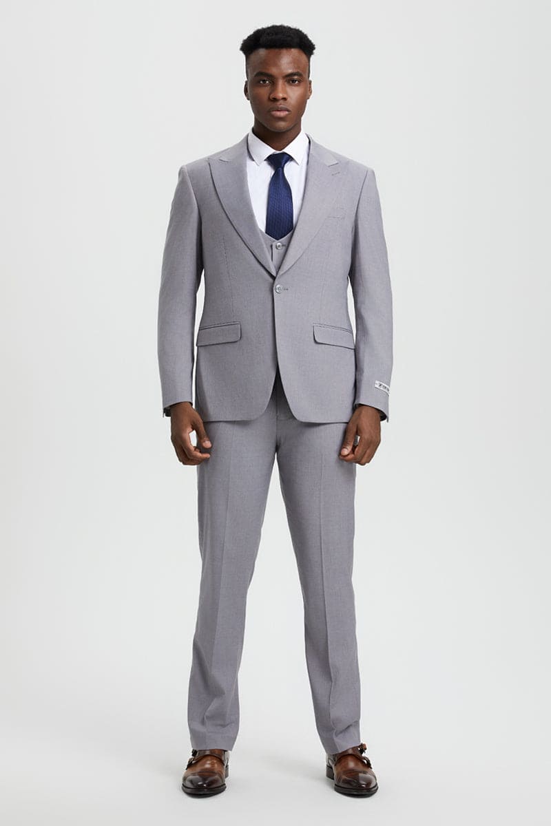 Mens Stacy Adams Suit - Stacy Adams Suit Men's Designer Suit - Light Grey, Vested One Button Peak Lapel