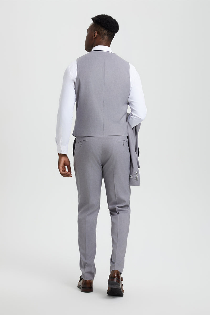Men's Vested One Button Peak Lapel Stacy Adams Designer Suit in Light Grey