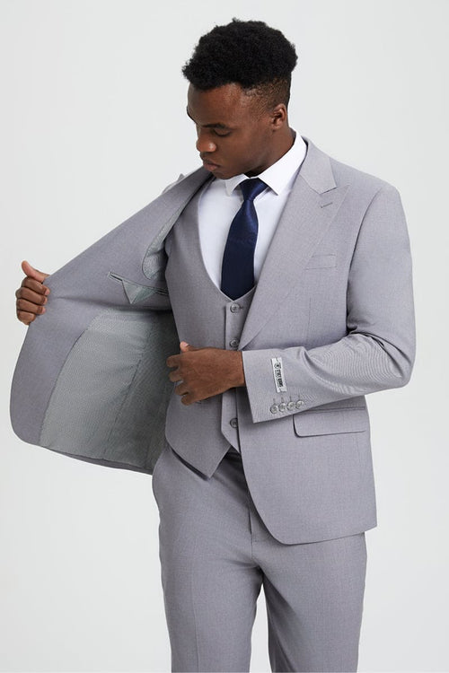 Mens Stacy Adams Suit - Stacy Adams Suit Men's Designer Suit - Light Grey, Vested One Button Peak Lapel