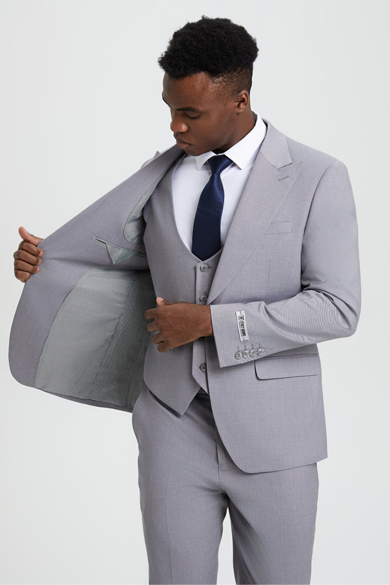 Men's Vested One Button Peak Lapel Stacy Adams Designer Suit in Light Grey