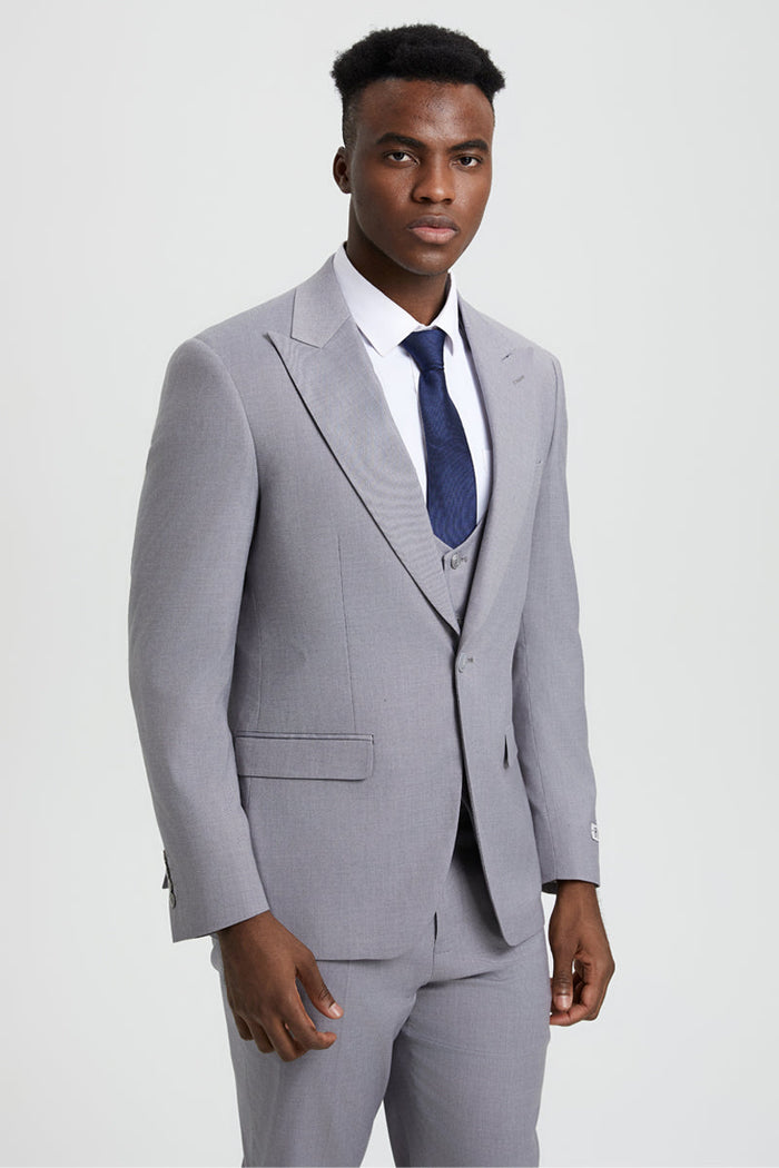 Men's Vested One Button Peak Lapel Stacy Adams Designer Suit in Light Grey