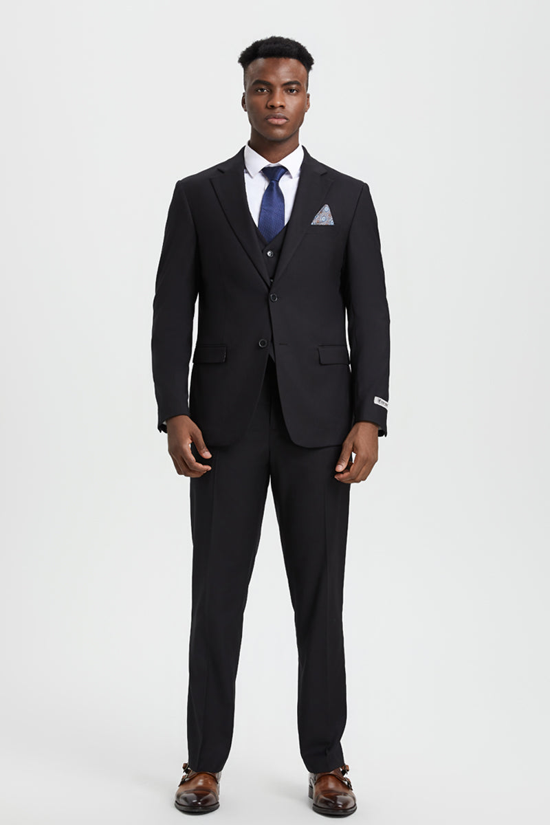 Men's Two Button Vested Stacy Adams Designer Basic Suit in Black