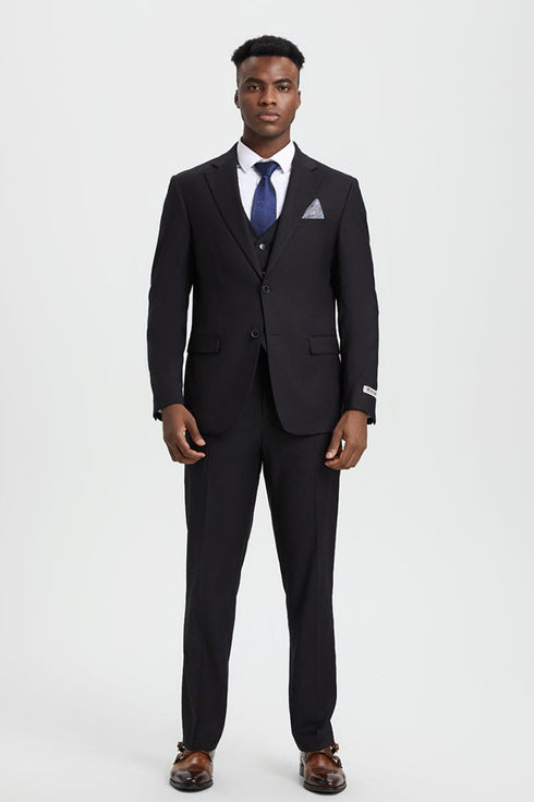 Mens Stacy Adams Suit - Stacy Adams Suit Men's Designer Two Button Vested Basic Suit - Black