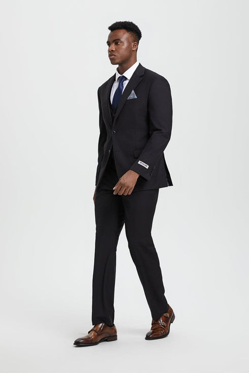 Mens Stacy Adams Suit - Stacy Adams Suit Men's Designer Two Button Vested Basic Suit - Black