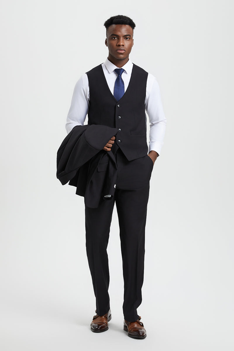 Men's Two Button Vested Stacy Adams Designer Basic Suit in Black