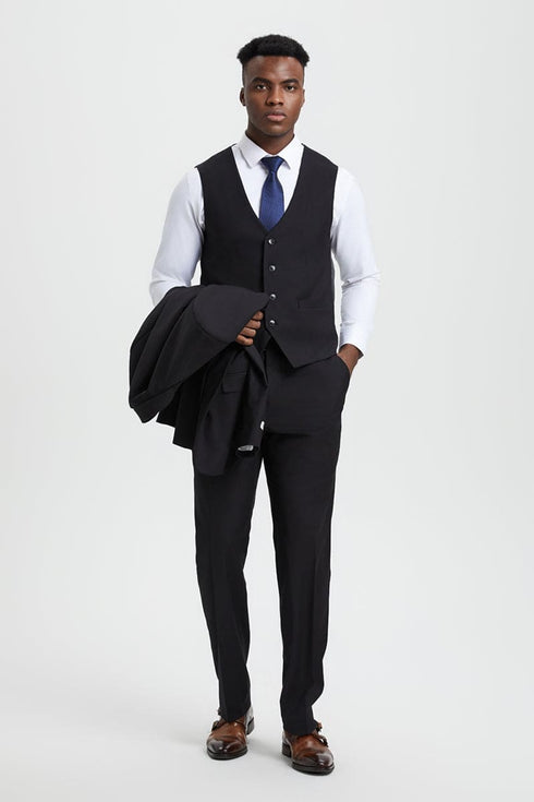 "Mens Stacy Adams Suit - Stacy Adams  Suit Men's Designer Two Button Vested Basic Suit - Black"