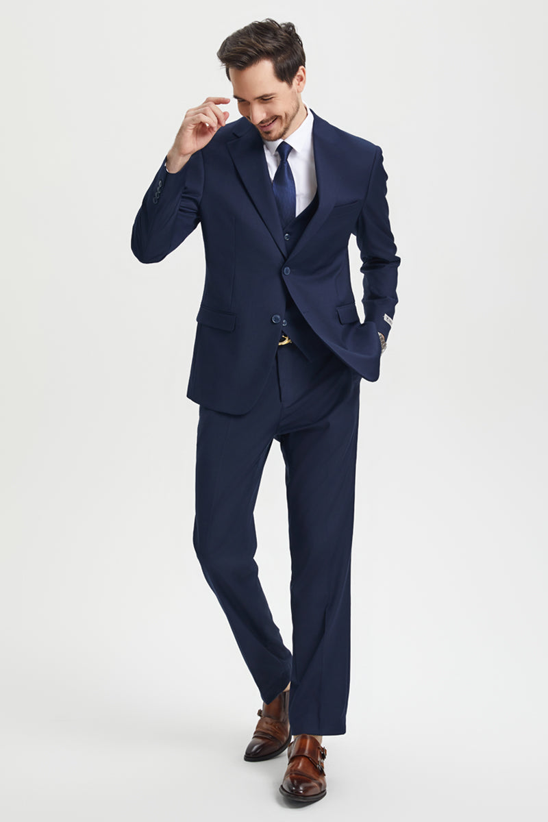 Men's Two Button Vested Stacy Adams Basic Designer Suit in Navy Blue