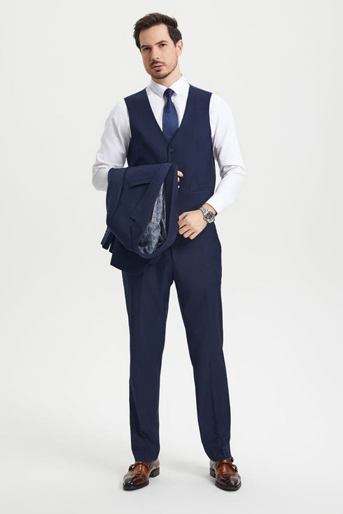 Mens Stacy Adams Suit - Stacy Adams Suit Men's Two Button Vested Designer Suit - Navy Blue