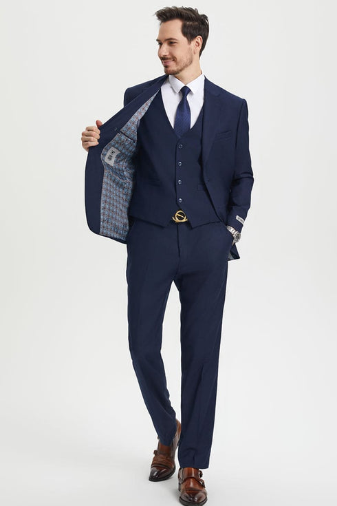 "Mens Stacy Adams Suit - Stacy Adams  Suit Men's Two Button Vested Designer Suit - Navy Blue"