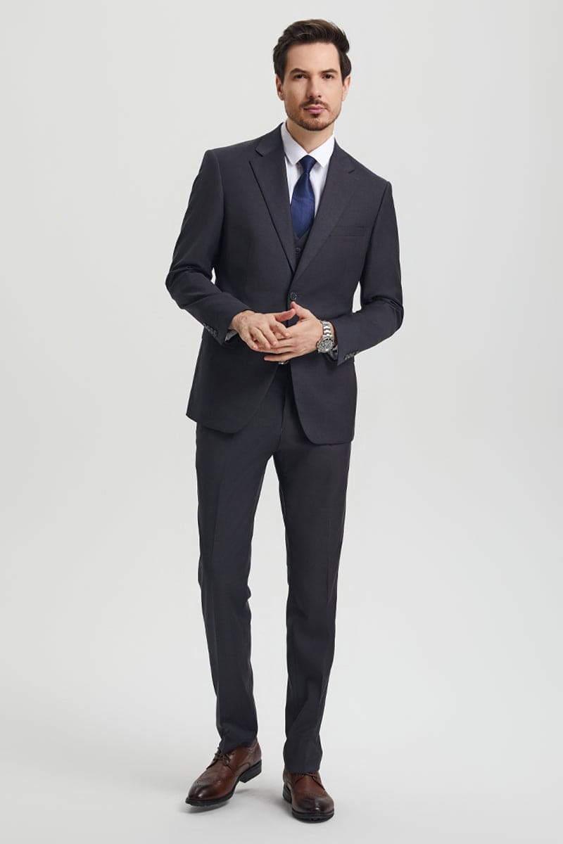 "Mens Stacy Adams Suit - Stacy Adams Suit Men's Designer Suit - Two Button Vested in Charcoal Grey"
