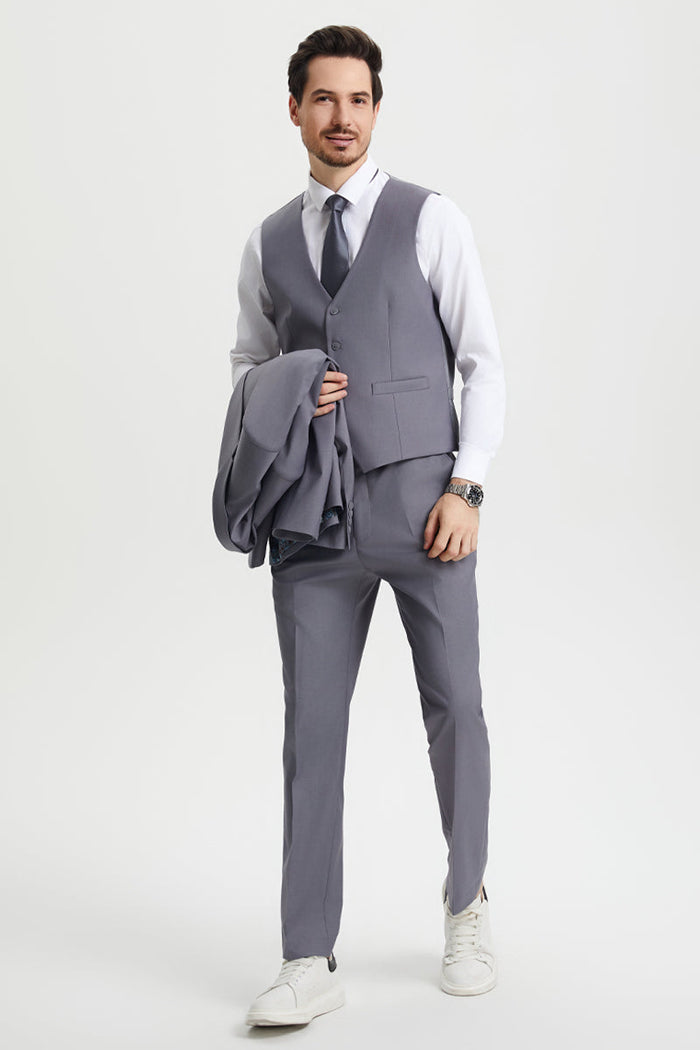 Men's Two Button Vested Stacy Adams Basic Designer Suit in Medium Grey