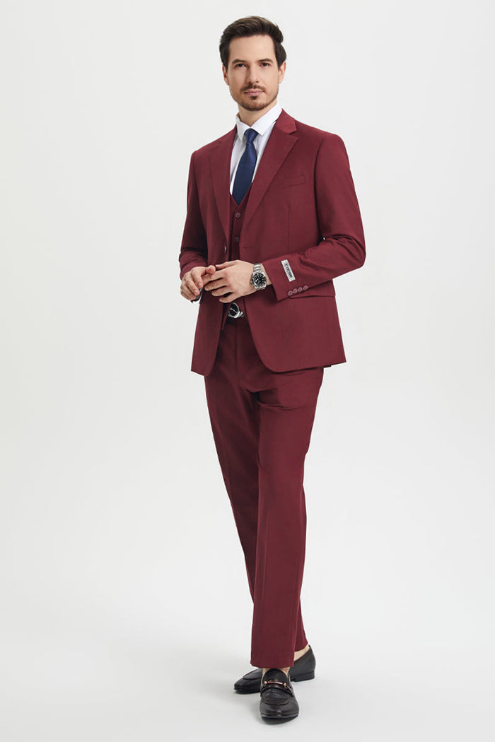 Men's Two Button Vested Stacy Adams Basic Designer Suit in Burgundy