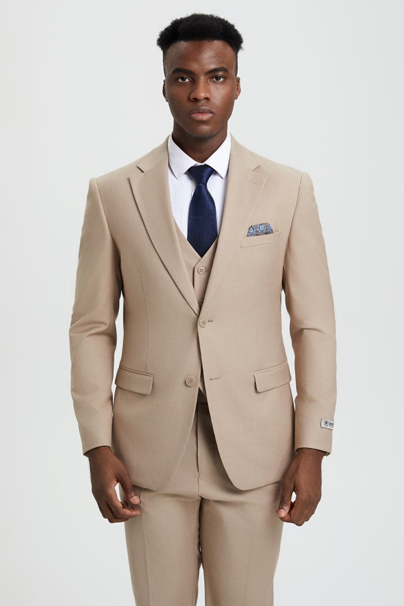 "Mens Stacy Adams Suit - Stacy Adams Suit Men's Designer Two Button Vested Suit in Tan"
