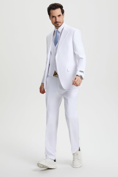 Stacy Adams white two-button suit for men: tailored jacket, fitted vest, straight-leg pants. Smooth fabric, no patterns. Streamlined, closely fitted silhouette.
