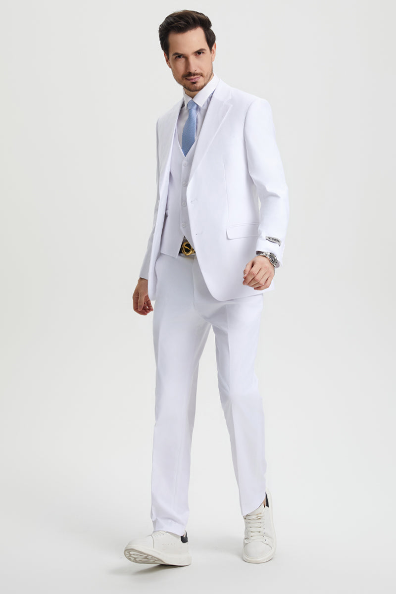 Stacy Adams white two-button suit for men: tailored jacket, fitted vest, straight-leg pants. Smooth fabric, no patterns. Streamlined, closely fitted silhouette.
