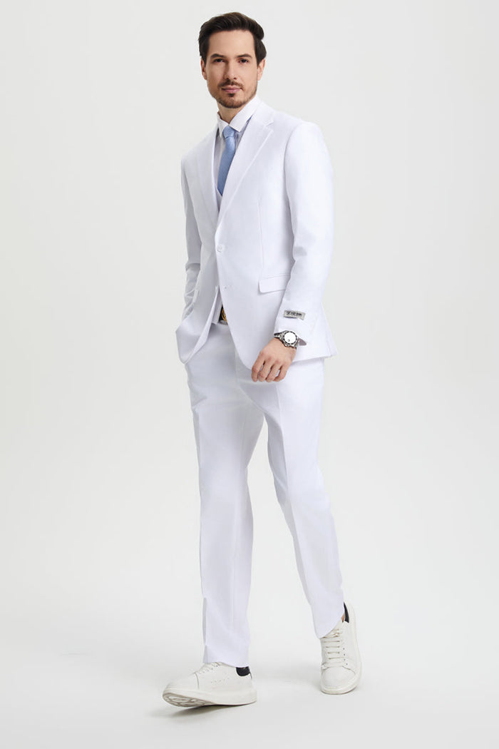 Stacy Adams men's white two-button suit: fitted blazer with notched lapel, single-button closure, and side pockets. Includes matching tailored trousers. Lightweight fabric, solid white color.
