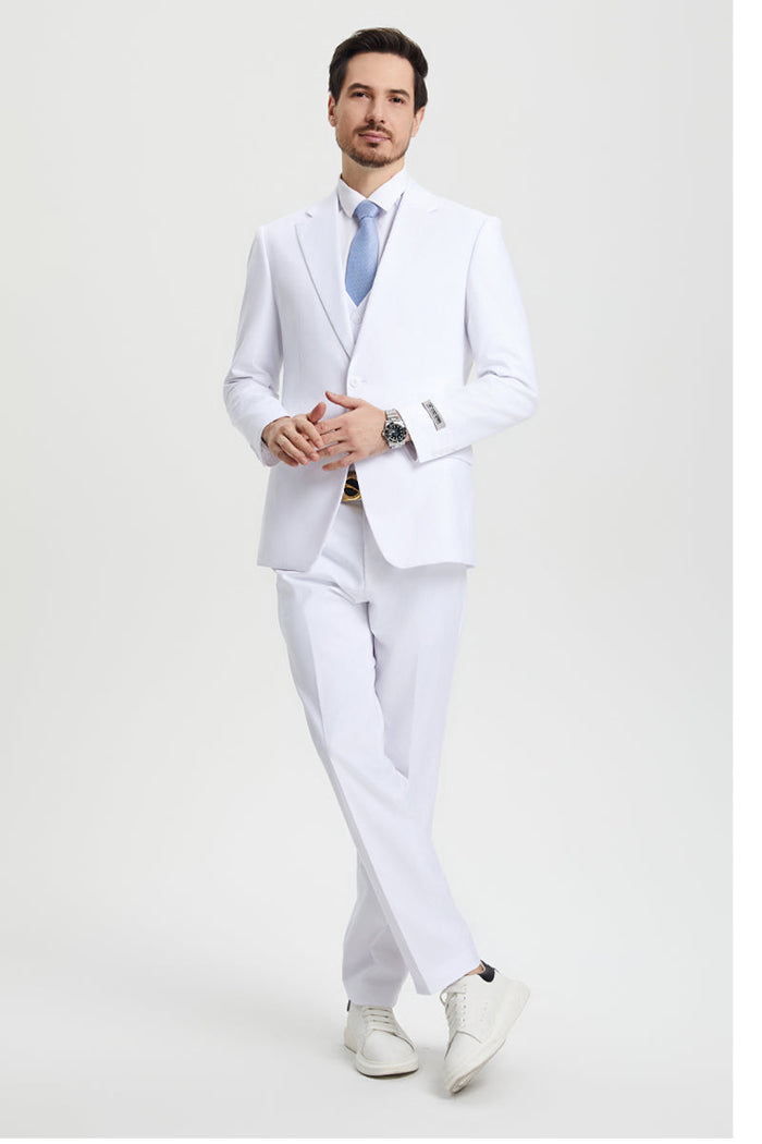 Stacy Adams men's white two-button vested suit. Lightweight fabric, single-breasted jacket with notch lapel, front pockets. Straight-leg pants. Clean, modern silhouette.
