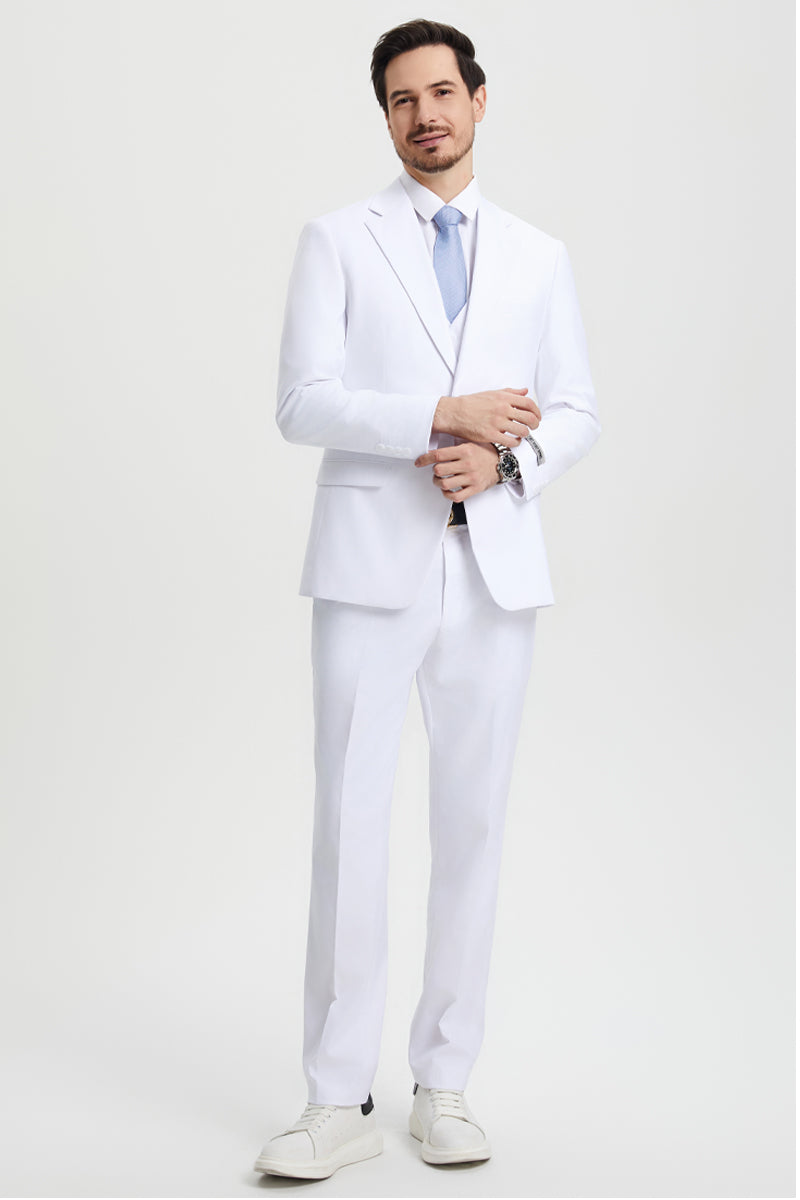 Stacy Adams white two-button suit for men. Tailored fit, structured shoulders, notched lapel, and straight-leg trousers. Includes a vest, offering a cohesive and lightweight look.
