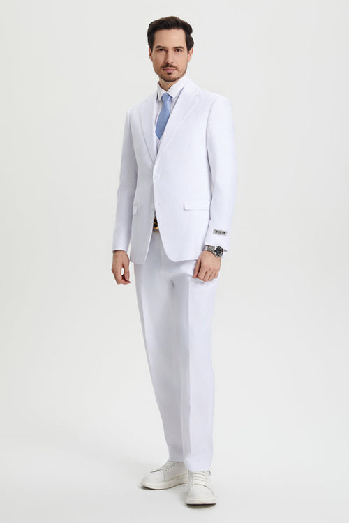 White Stacy Adams suit: two-button, vested blazer with structured fit and pockets, straight-leg trousers. Includes white shoes. Classic design.

