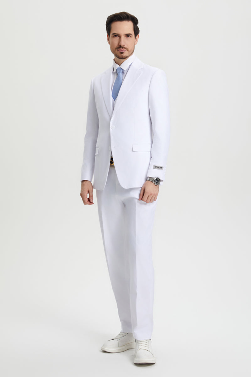 White Stacy Adams suit: two-button, vested blazer with structured fit and pockets, straight-leg trousers. Includes white shoes. Classic design.
