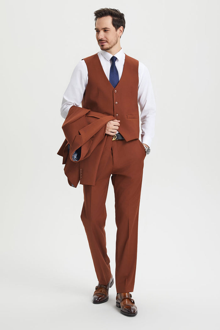 Men's Two Button Vested Stacy Adams Basic Designer Suit in Brown Rust