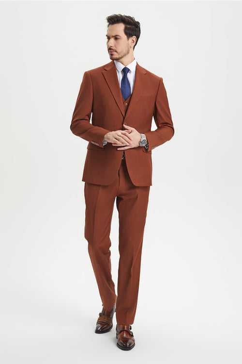 Men's Two Button Vested Stacy Adams Basic Designer Suit in Brown Rust