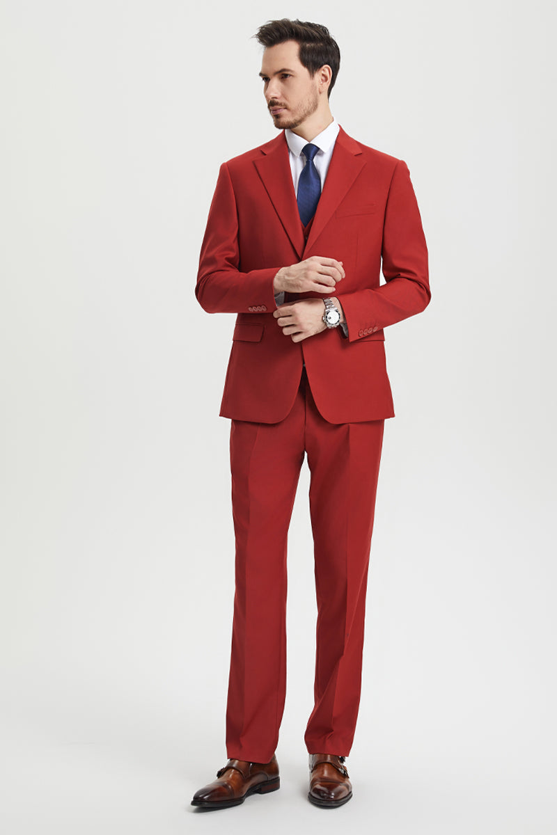 Men's Stacy Adams suit in brick red. Two-button blazer with fitted silhouette, matching trousers, and a vest. Classic design for a coordinated look.

