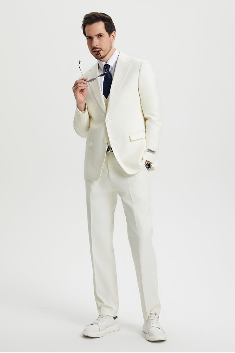 Men's Two Button Vested Stacy Adams Basic Designer Suit in Ivory Off White