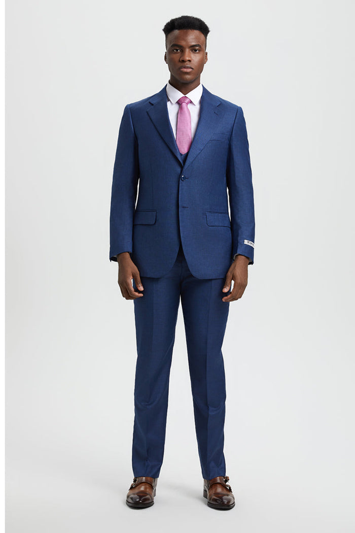 Stacy Adams men's blue sharkskin suit: fitted, two-button with vest. Structured blazer, flat-front trousers. Textured fabric with slight sheen. Notched lapel, slim fit.
