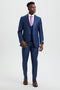 Men's Stacy Adams sharkskin suit: fitted, mid-blue, 2-button blazer with notch lapels, vest, and straight-leg trousers. Subtle texture for a streamlined silhouette.